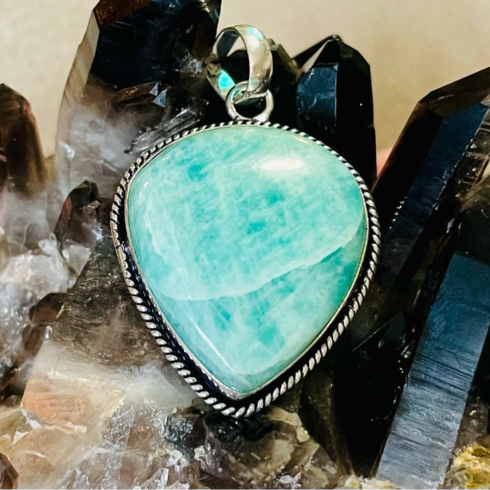 Gorgeous Natural Polished Amazonite Teal Pendant 925 Sterling Silver - Picture 5 of 6